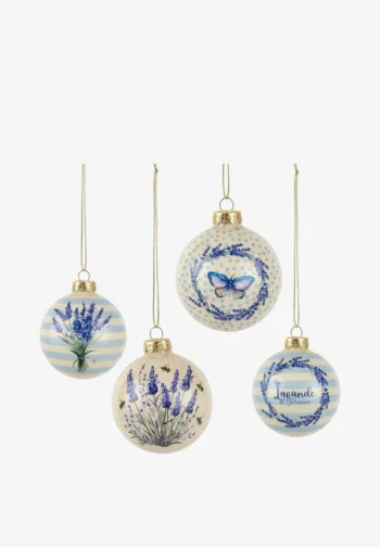 Set de 4 bolas de Navidad decoradas con lavanda 7,5 cm