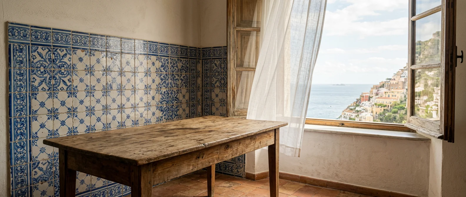 Rincón de cocina con azulejos azules y blancos y ventana con vistas a la costa amalfitana