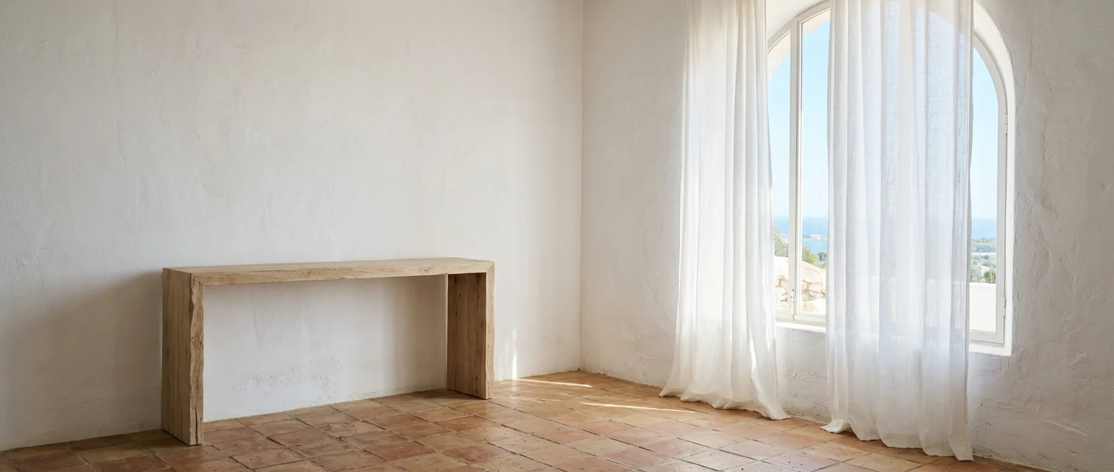 Rincón mediterráneo con pared de cal, consola de madera y cortina de lino