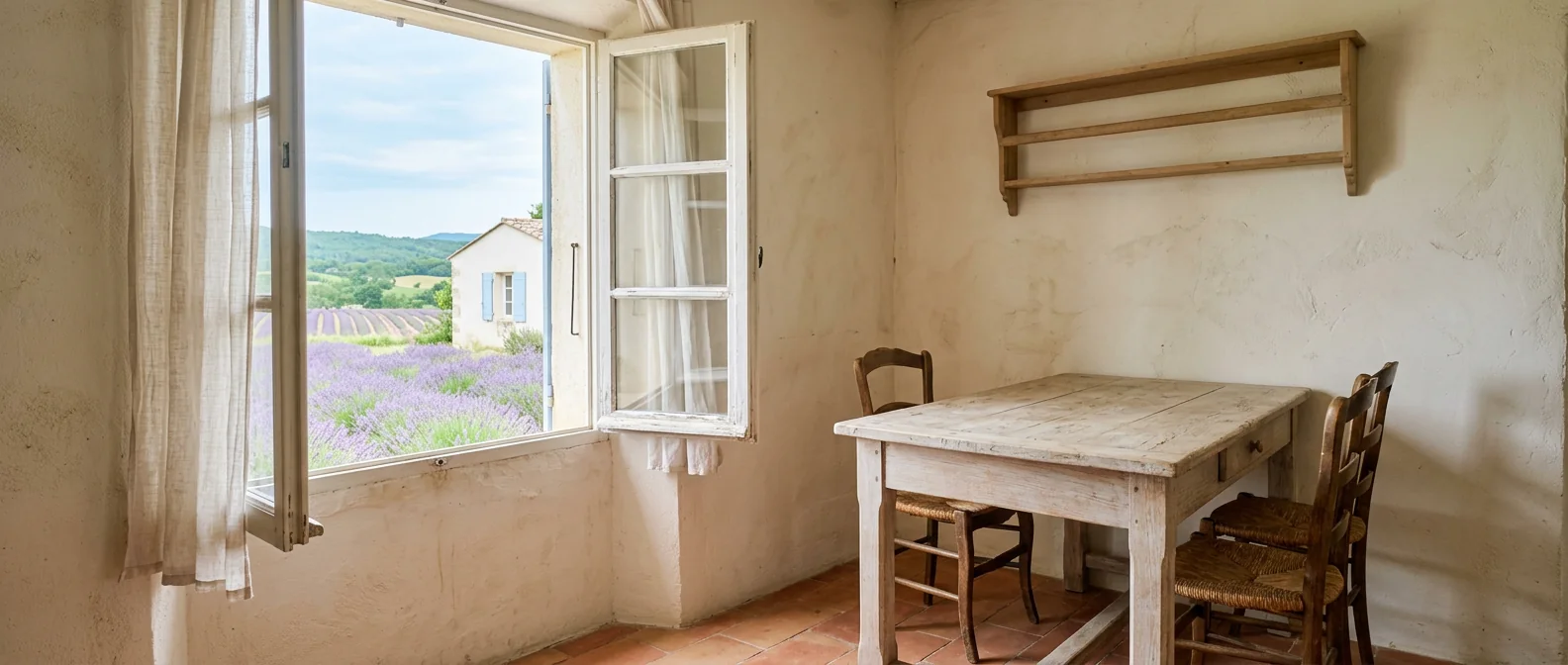 Rincón de una casa de campo con la ventana abierta a un campo de lavanda