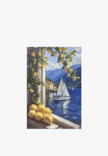 Cuadro paisaje mediterráneo con limones y velero 80 × 120 cm