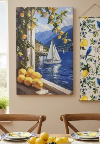 Cuadro paisaje mediterráneo con limones y velero 80 × 120 cm