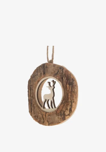 Colgante de rodaja de tronco con ciervo tallado para el árbol de Navidad