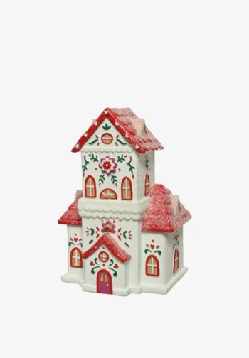 Casita navideña decorativa blanca y roja con tejado nevado