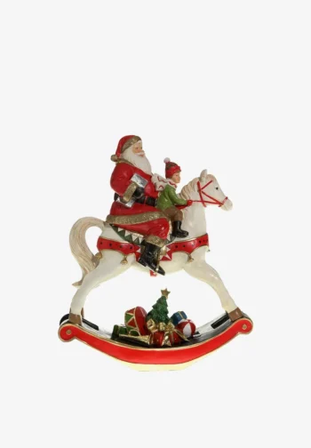 Figura de Papá Noel con un niño sobre un caballo balancín