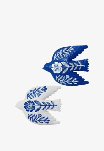 Set de 2 golondrinas de pared de resina azul y blanca 20 cm