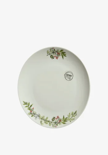 Plato llano blanco de 20 cm con ramas y bayas navideñas en el borde