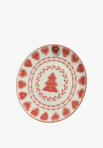 Plato navideño rojo con árbol y corazones
