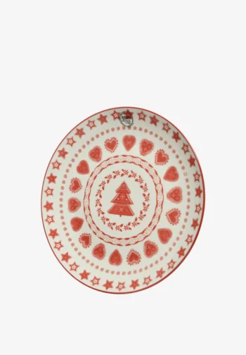 Plato navideño rojo y blanco con árbol de Navidad, corazones y estrellas