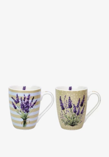 Set de 2 tazas de porcelana con lavanda: ramo sobre rayas y mata sobre lunares