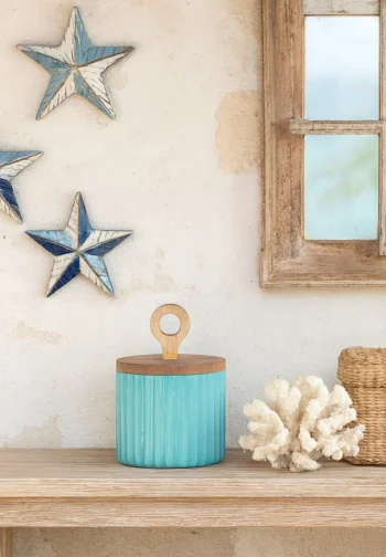 Bote con tapa de madera turquesa 15 × 21 cm