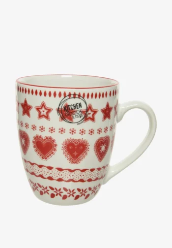 Taza nórdica roja y blanca con corazones y estrellas